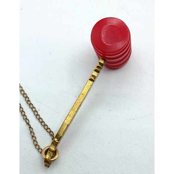 Vintage Red Bakelite Gavel Pendant Necklace - Rainbow Girls - Picture 2 of 4